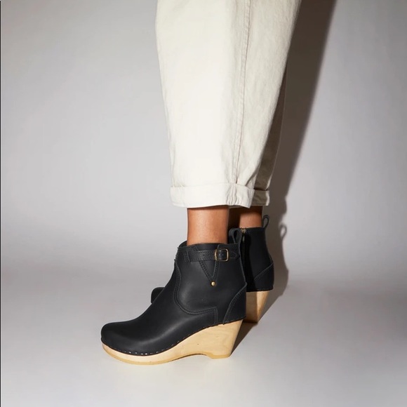 No. 6 Shoes - No. 6 Leather Clog Boot Buckle on Wedge in Black